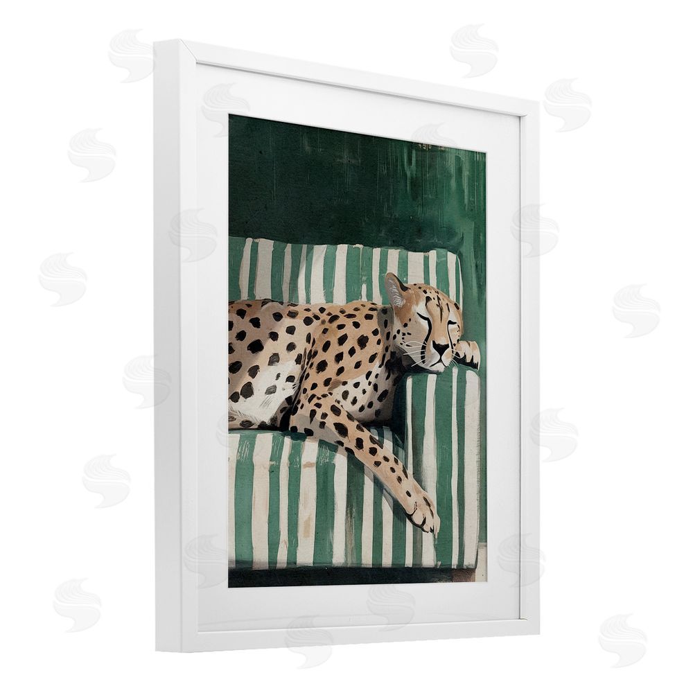 Annabelle Hall Cheetah on Striped Sofa White Framed Print Under Glass Wall Art