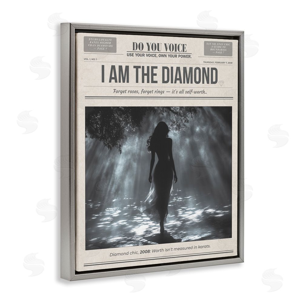 A Barefoot Stylist Diamond Chic Newspaper Gray Floating Frame Canvas Wall Art Print