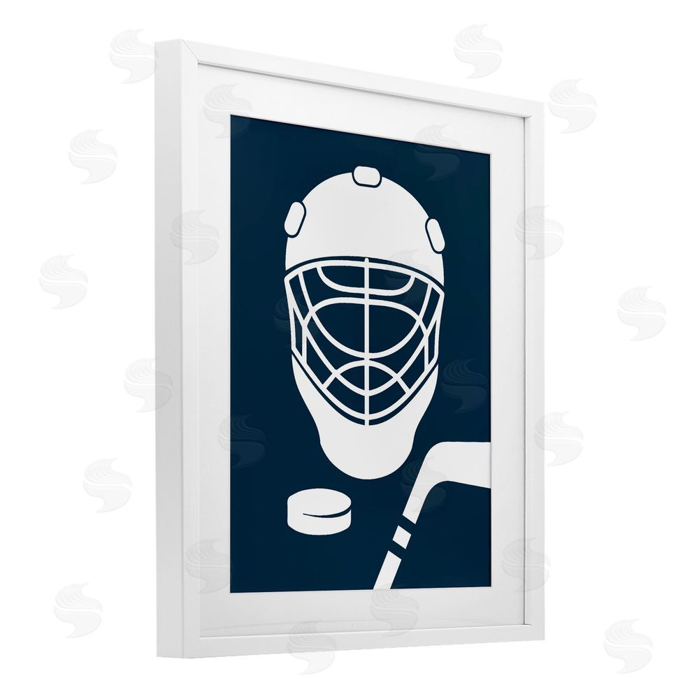 Melody Hogan Hockey Mask Blue & White White Framed Print Under Glass Wall Art