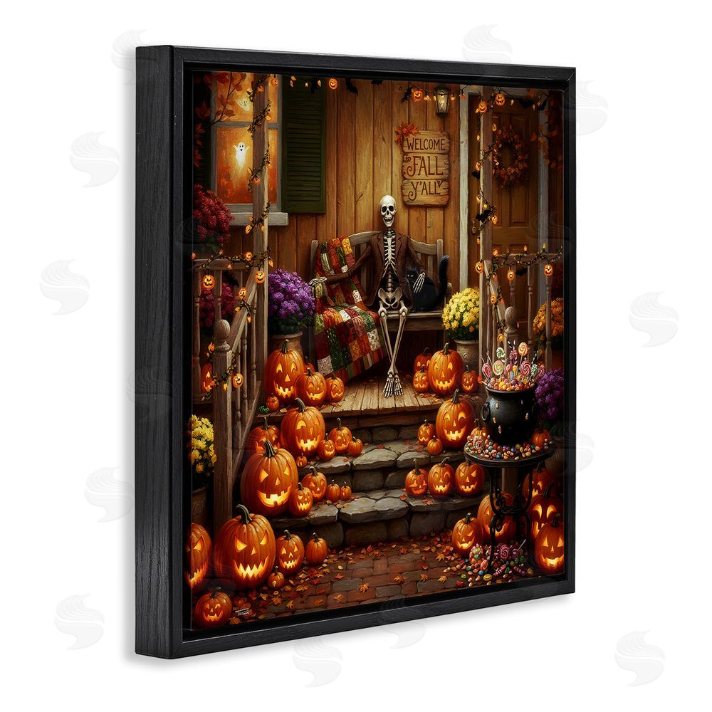 Tabz Jones Welcome To Fall Skeleton Porch Black Floating Frame Canvas Wall Art Print