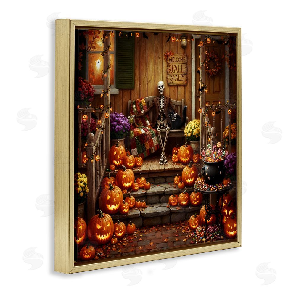 Tabz Jones Welcome To Fall Skeleton Porch Gold Floating Frame Canvas Wall Art Print