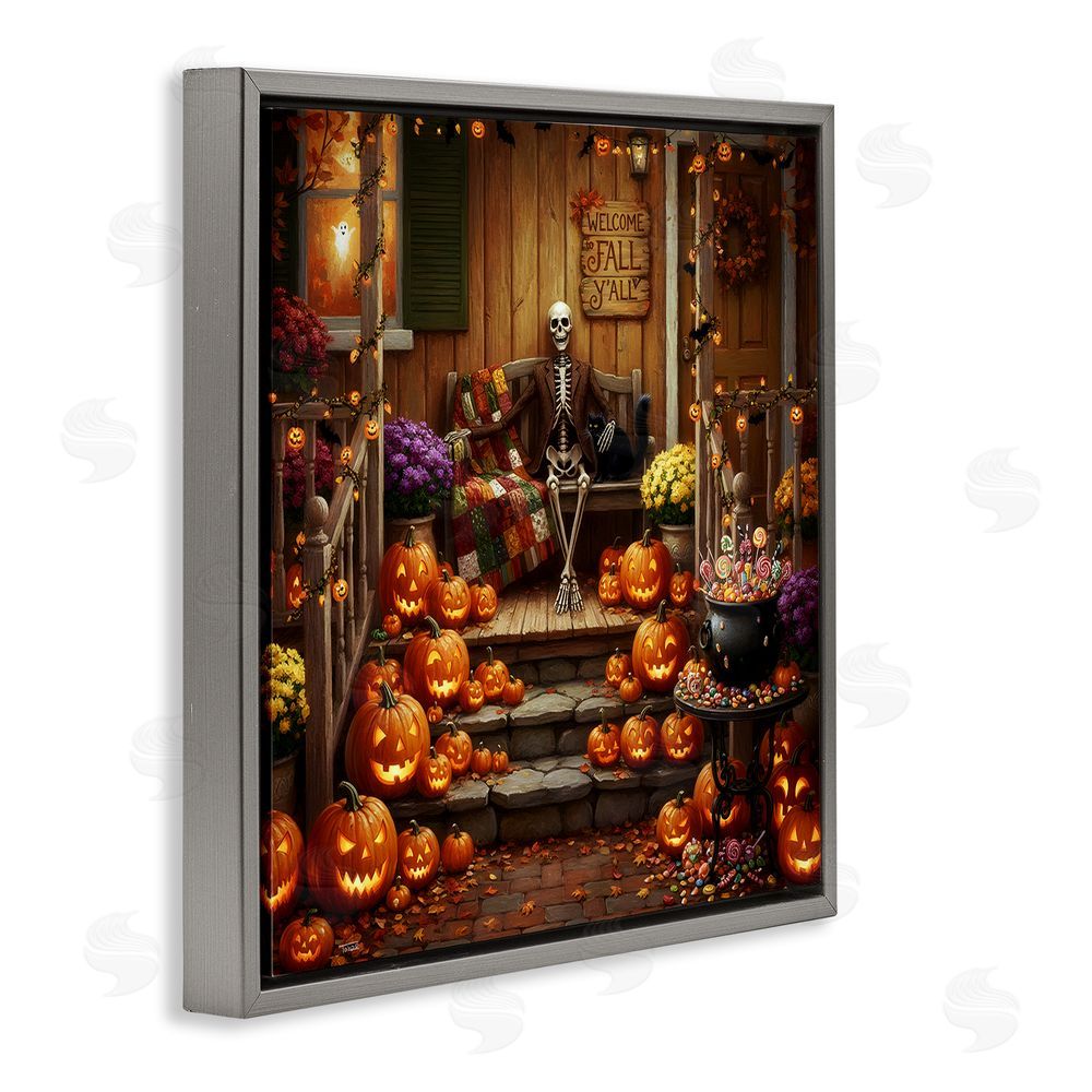 Tabz Jones Welcome To Fall Skeleton Porch Gray Floating Frame Canvas Wall Art Print