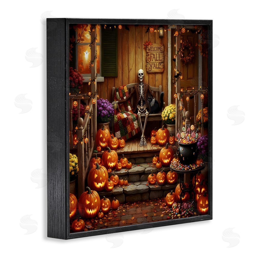 Tabz Jones Welcome To Fall Skeleton Porch Black Framed Giclee Wall Art Print