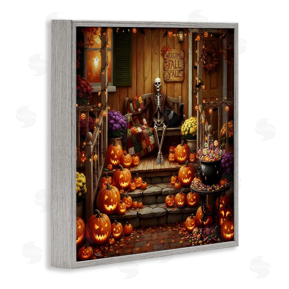 Tabz Jones Welcome To Fall Skeleton Porch Gray Framed Giclee Wall Art Print