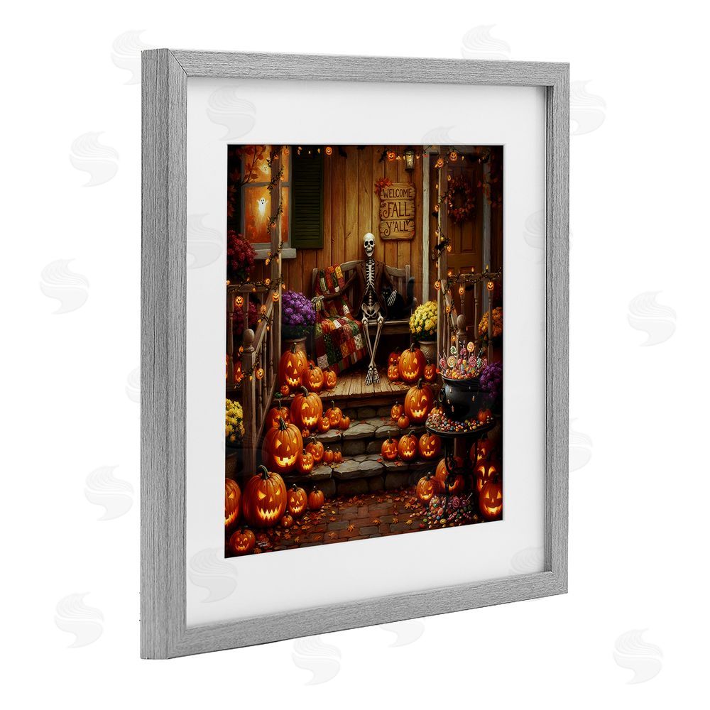 Tabz Jones Welcome To Fall Skeleton Porch Gray Framed Print Under Glass Wall Art