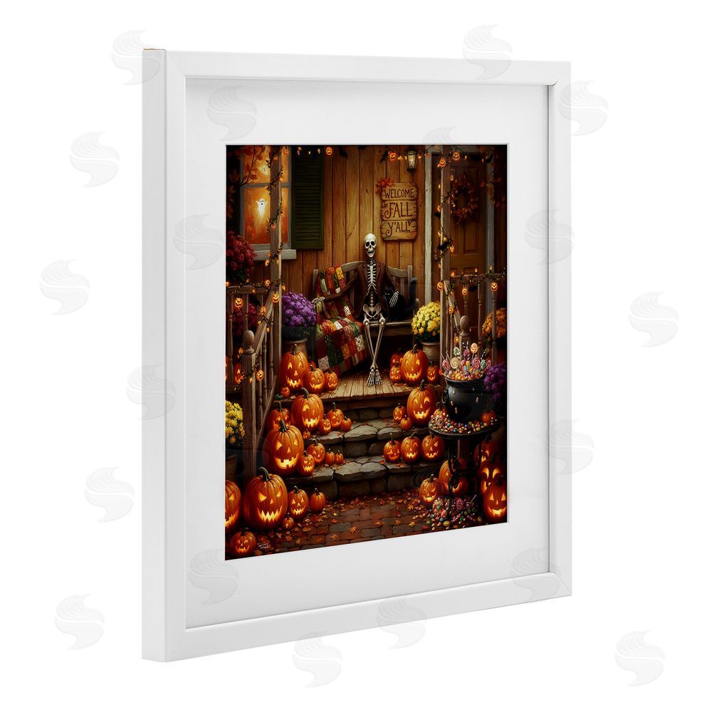 Tabz Jones Welcome To Fall Skeleton Porch White Framed Print Under Glass Wall Art