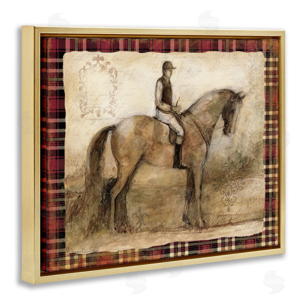 Susan Winget Horse With Jockey & Plaid Gold Floating Frame Canvas Wall Art Print