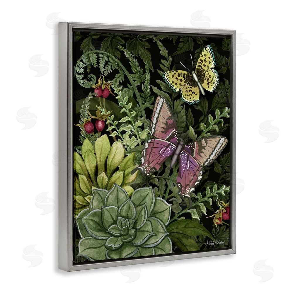 Nicole Tamarin Dark Succulents Midnight Garden Gray Floating Frame Canvas Wall Art Print