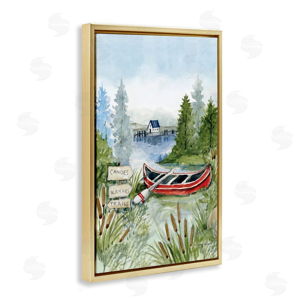 Susan Winget Canoe On Lake Gold Floating Frame Canvas Wall Art Print