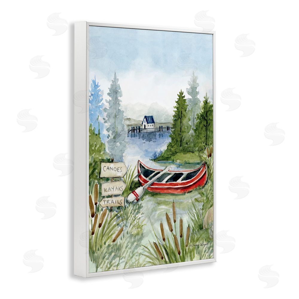 Susan Winget Canoe On Lake White Framed Giclee Wall Art Print