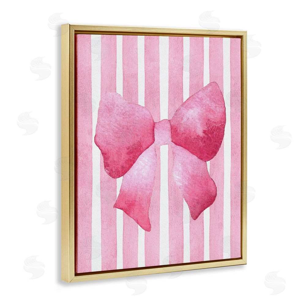 Camila Juncos Chic Bow on Pink Stripes Gold Floating Frame Canvas Wall Art Print