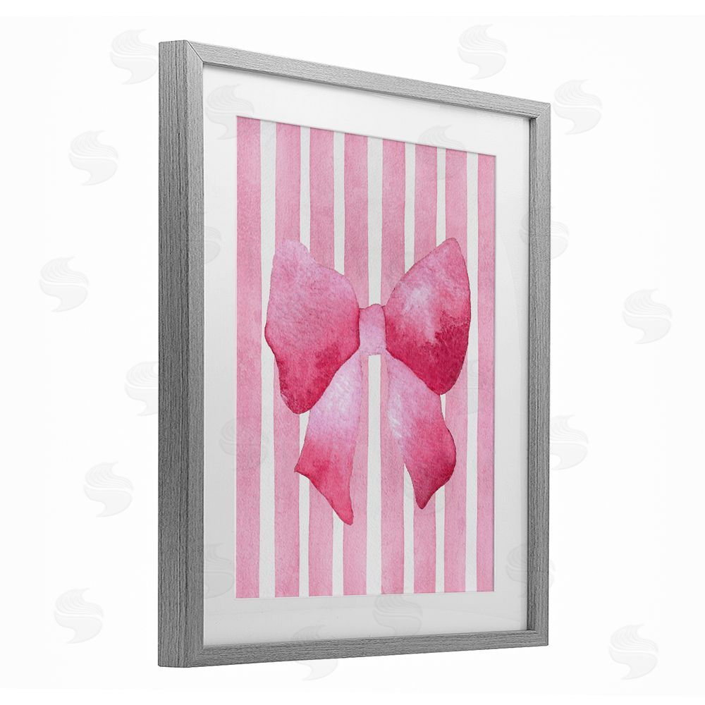 Camila Juncos Chic Bow on Pink Stripes Gray Framed Print Under Glass Wall Art