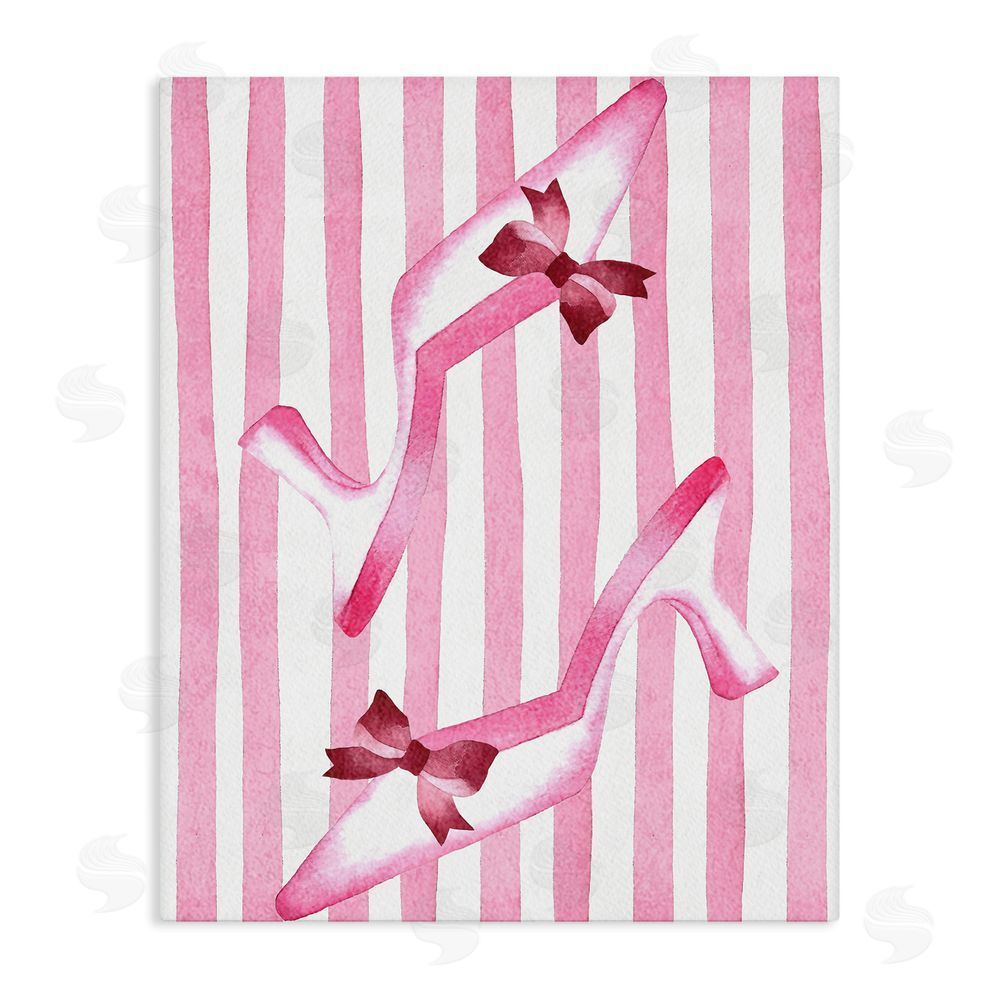 Camila Juncos Bow Heels on Pink Stripes Stretched Canvas Wall Art Print