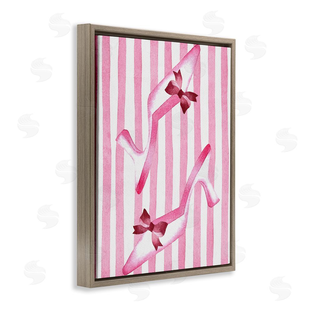 Camila Juncos Bow Heels on Pink Stripes Brown Floating Frame Canvas Wall Art Print