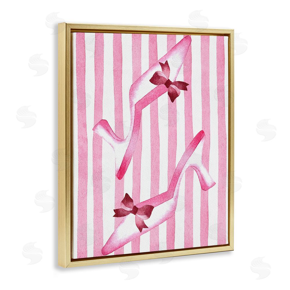 Camila Juncos Bow Heels on Pink Stripes Gold Floating Frame Canvas Wall Art Print