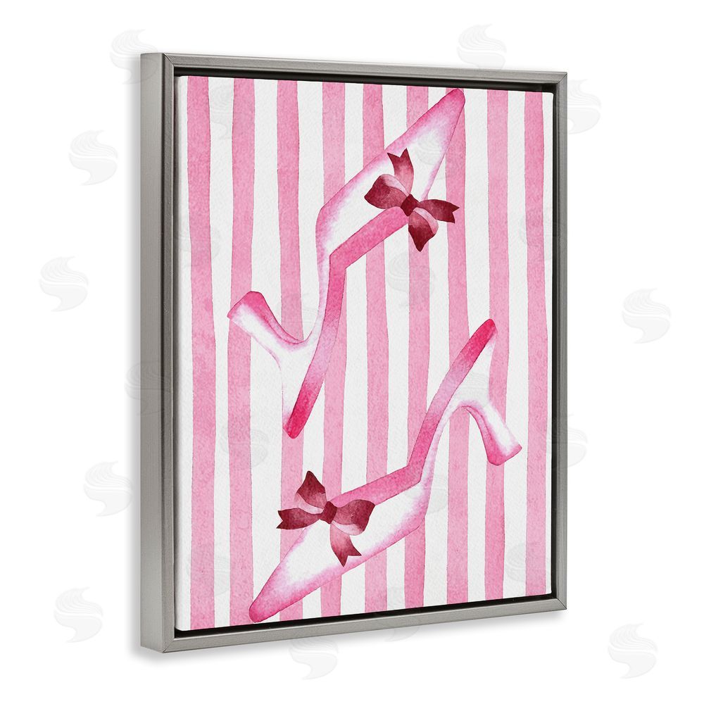 Camila Juncos Bow Heels on Pink Stripes Gray Floating Frame Canvas Wall Art Print