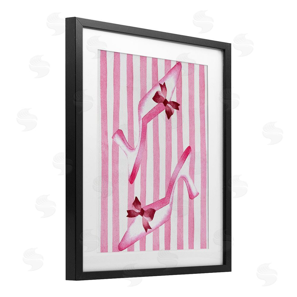 Camila Juncos Bow Heels on Pink Stripes Black Framed Print Under Glass Wall Art