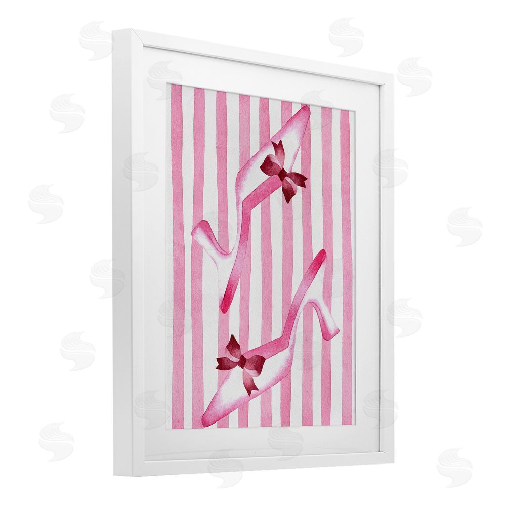 Camila Juncos Bow Heels on Pink Stripes White Framed Print Under Glass Wall Art