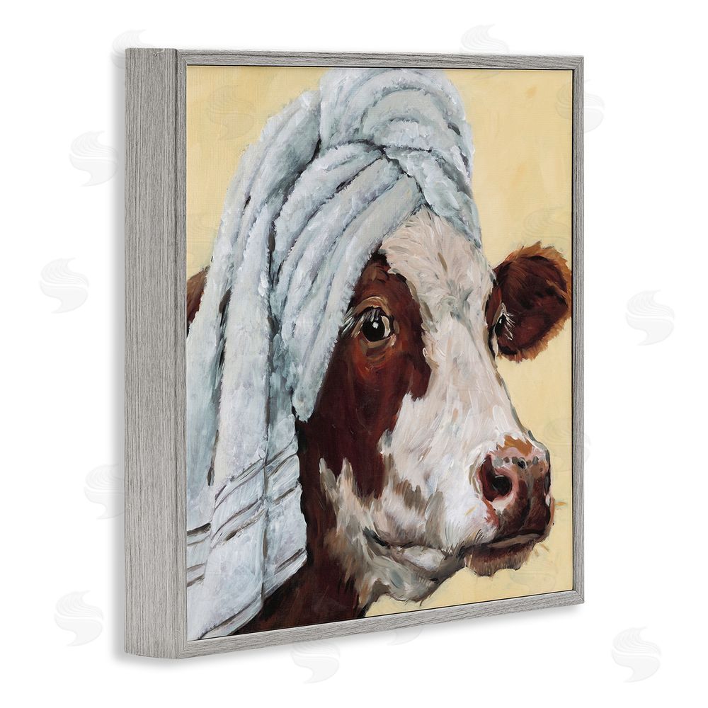Studio Bautista Cow Spa with Towel Gray Framed Giclee Wall Art Print