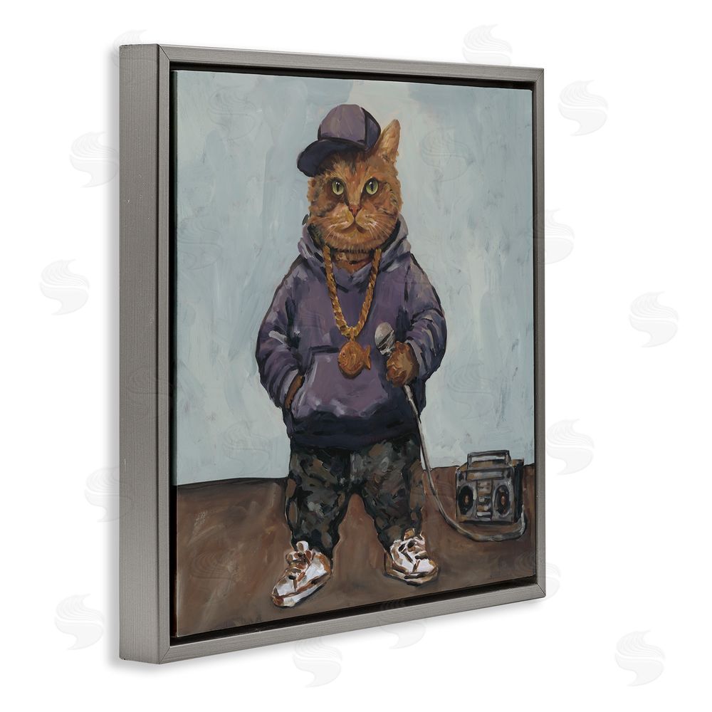 Studio Bautista Urban Hip-Hop Cat Gray Floating Frame Canvas Wall Art Print
