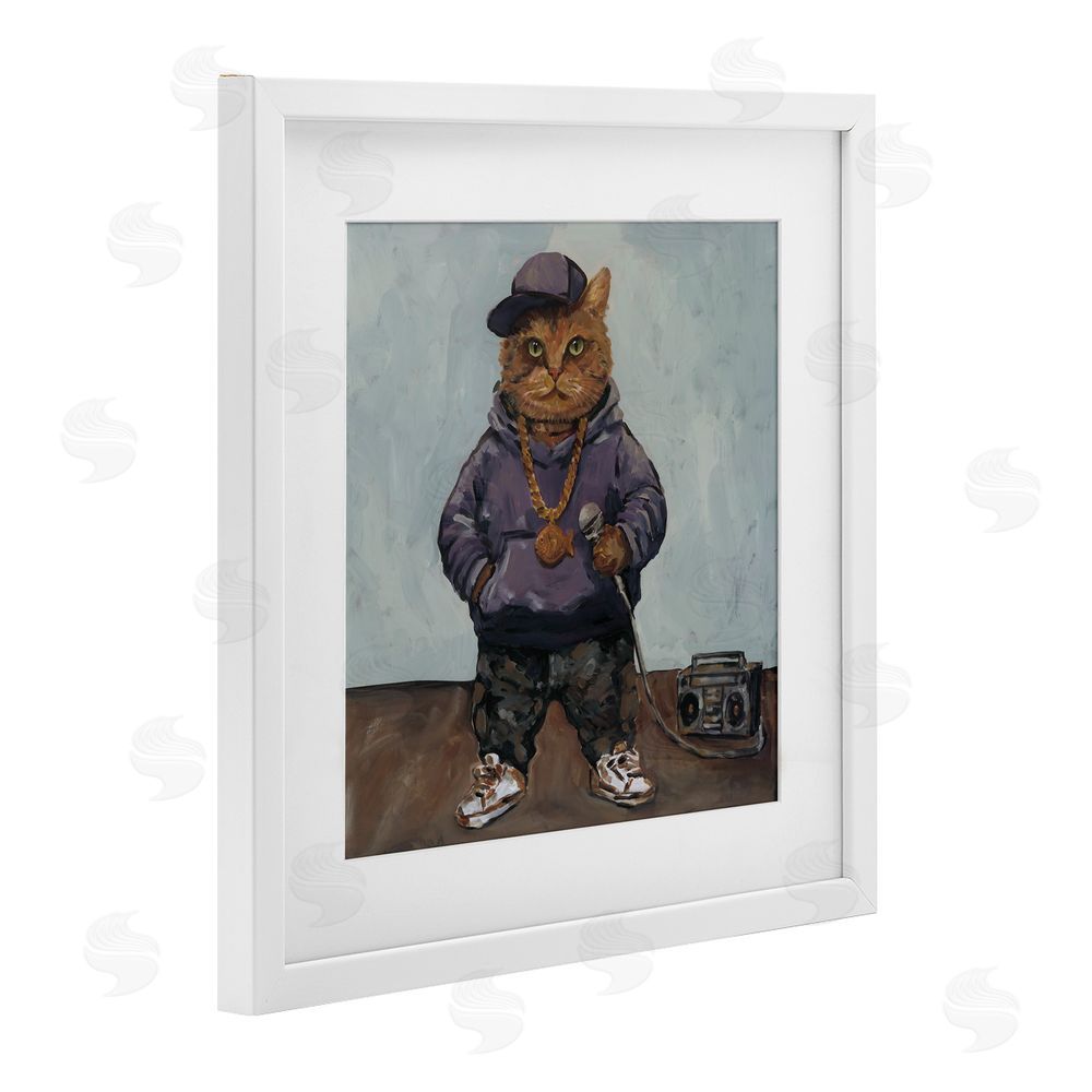 Studio Bautista Urban Hip-Hop Cat White Framed Print Under Glass Wall Art