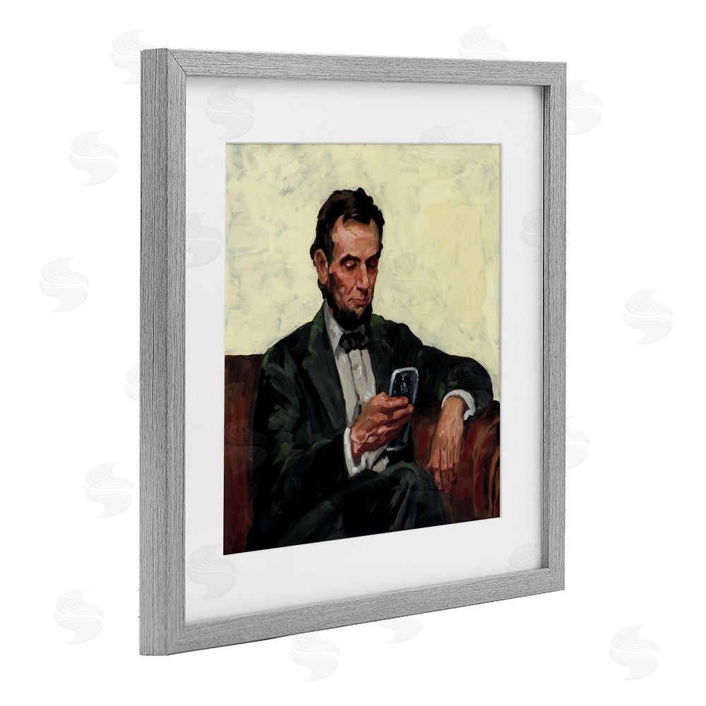 Studio Bautista Abe with Cellphone Gray Framed Print Under Glass Wall Art