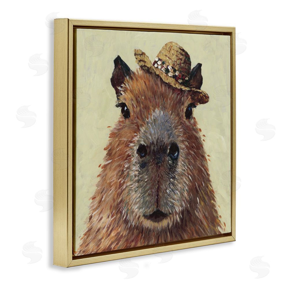 Studio Bautista Capybara with Straw Hat Gold Floating Frame Canvas Wall Art Print