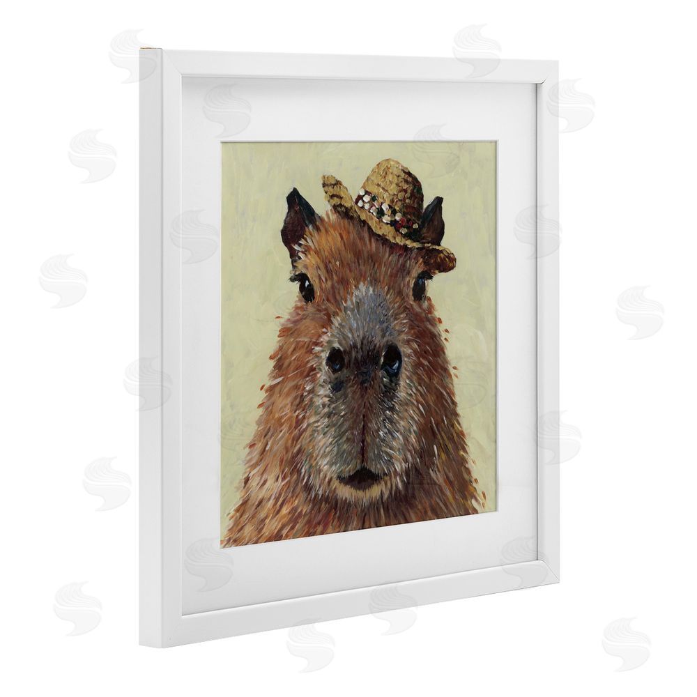 Studio Bautista Capybara with Straw Hat White Framed Print Under Glass Wall Art