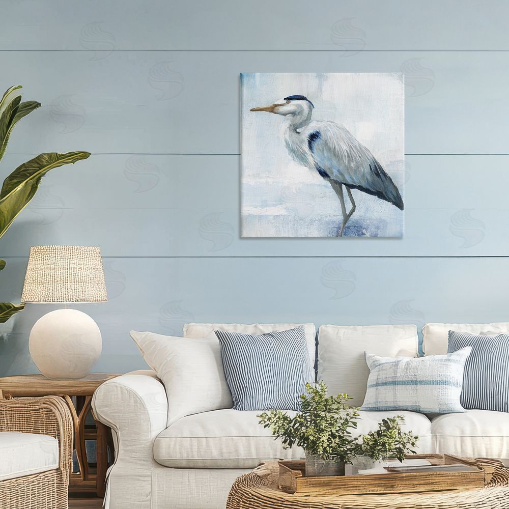Nan Faded Blue Heron Stretched Canvas Wall Art in Room