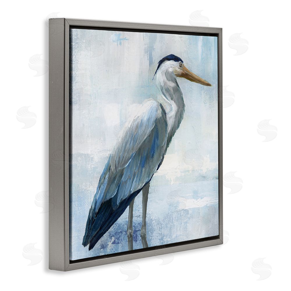 Nan Serene Blue Heron In Aqua Gray Floating Frame Canvas Wall Art Print