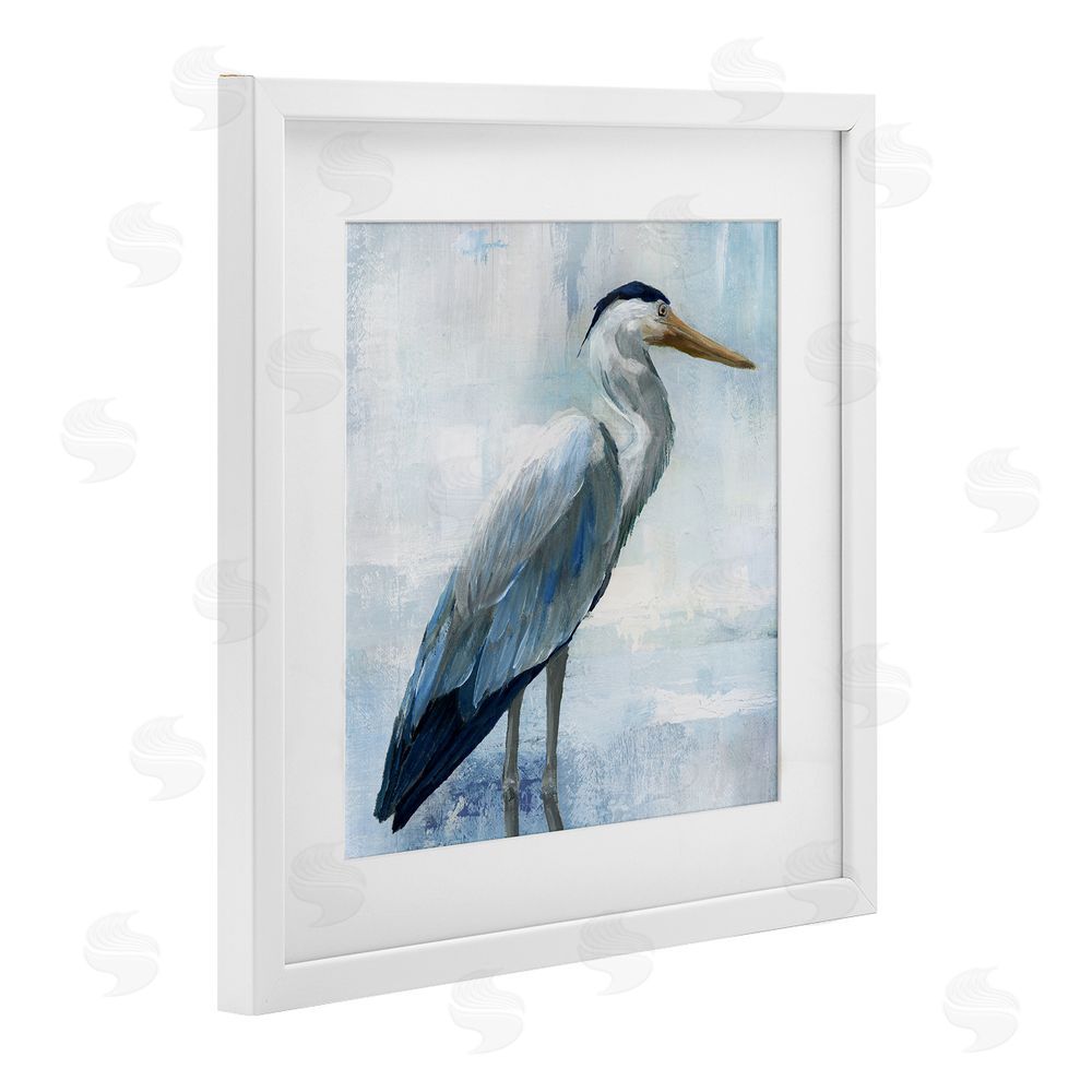 Nan Serene Blue Heron In Aqua White Framed Print Under Glass Wall Art