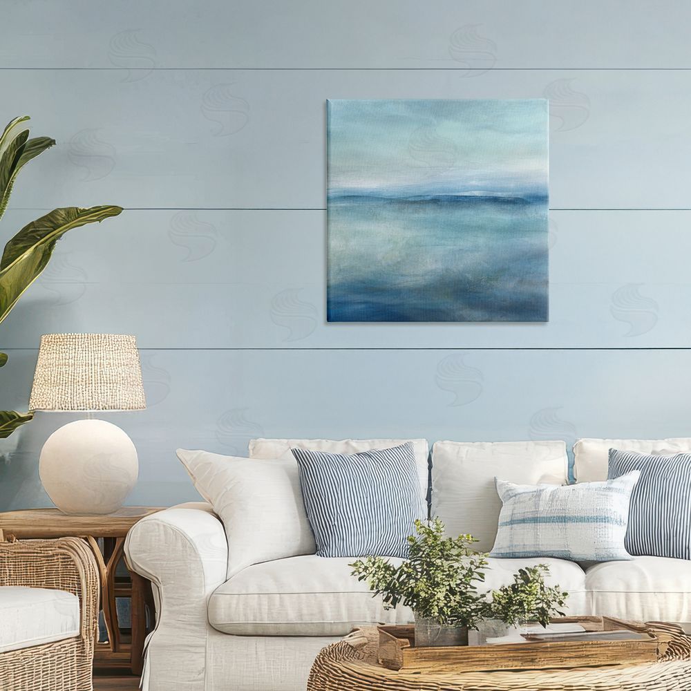 Carol Robinson Misty Blue Coastal Horizon Stretched Canvas Wall Art in Room