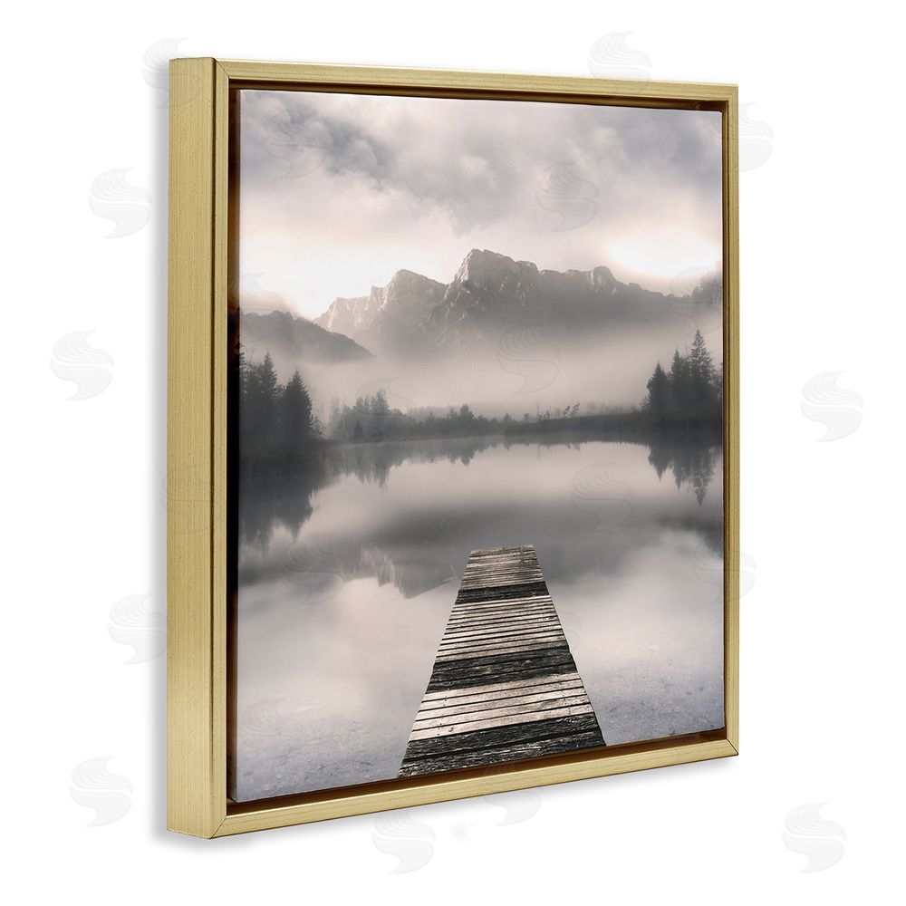 Irene Weisz Calm Reflective Waters & Mountains Gold Floating Frame Canvas Wall Art Print