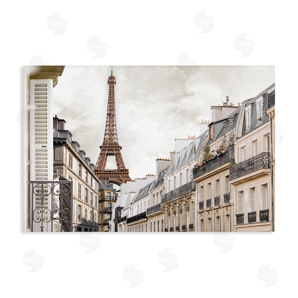 CAD Designs Eiffel Tower Through Parisian Balconies Stretched Canvas Wall Art Print