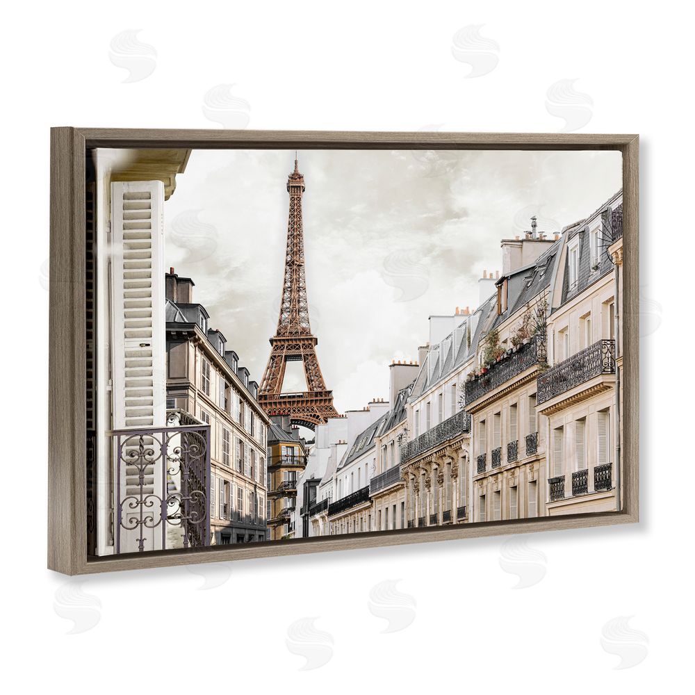 CAD Designs Eiffel Tower Through Parisian Balconies Brown Floating Frame Canvas Wall Art Print