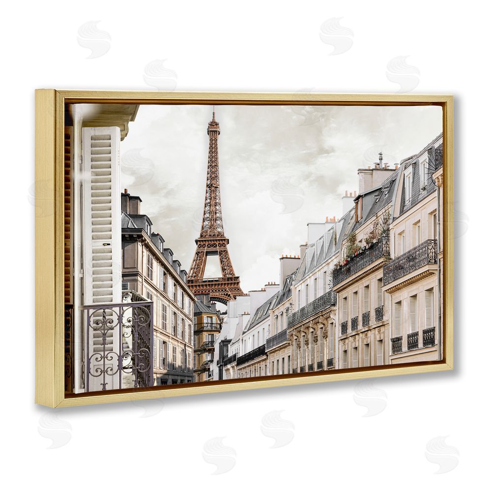 CAD Designs Eiffel Tower Through Parisian Balconies Gold Floating Frame Canvas Wall Art Print