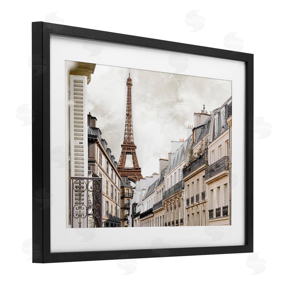 CAD Designs Eiffel Tower Through Parisian Balconies Black Framed Print Under Glass Wall Art