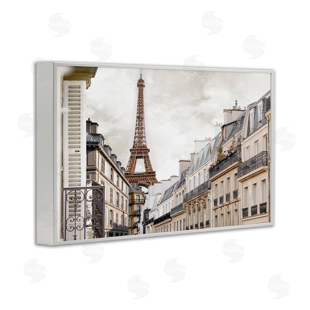 CAD Designs Eiffel Tower Through Parisian Balconies White Framed Giclee Wall Art Print