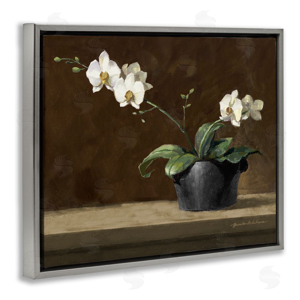 Yumiko Ichikawa Potted White Orchid on Ledge Gray Floating Frame Canvas Wall Art Print