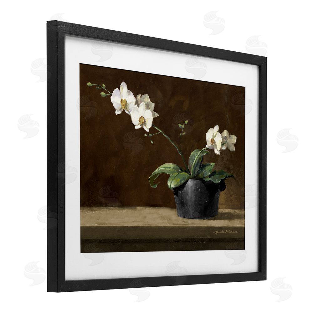 Yumiko Ichikawa Potted White Orchid on Ledge Black Framed Print Under Glass Wall Art