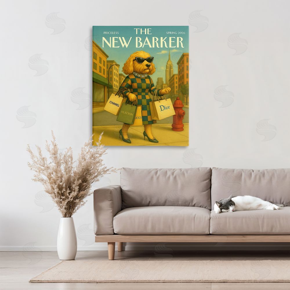 Grotto Studios New Barker Dog Magazine Stretched Canvas Wall Art in Room