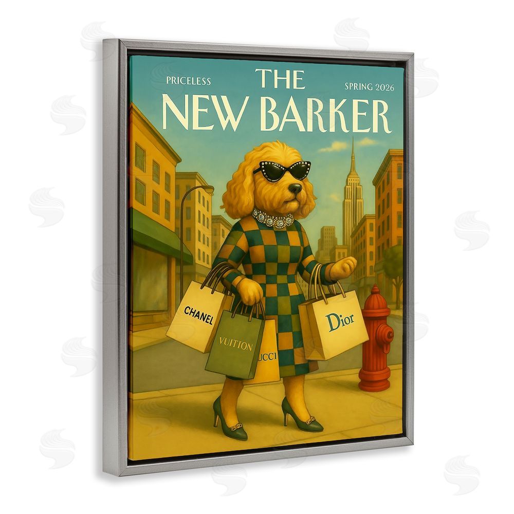 Grotto Studios New Barker Dog Magazine Gray Floating Frame Canvas Wall Art Print
