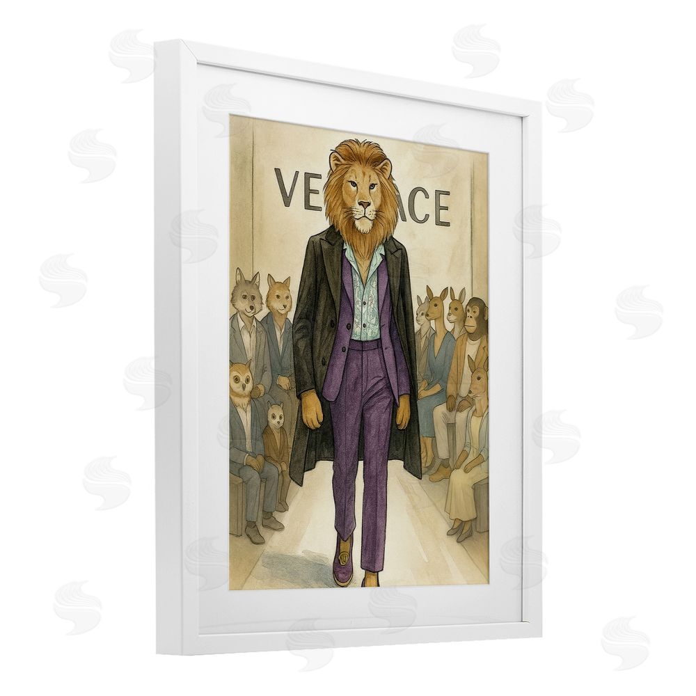 Grotto Studios Fashion Runway Lion White Framed Print Under Glass Wall Art