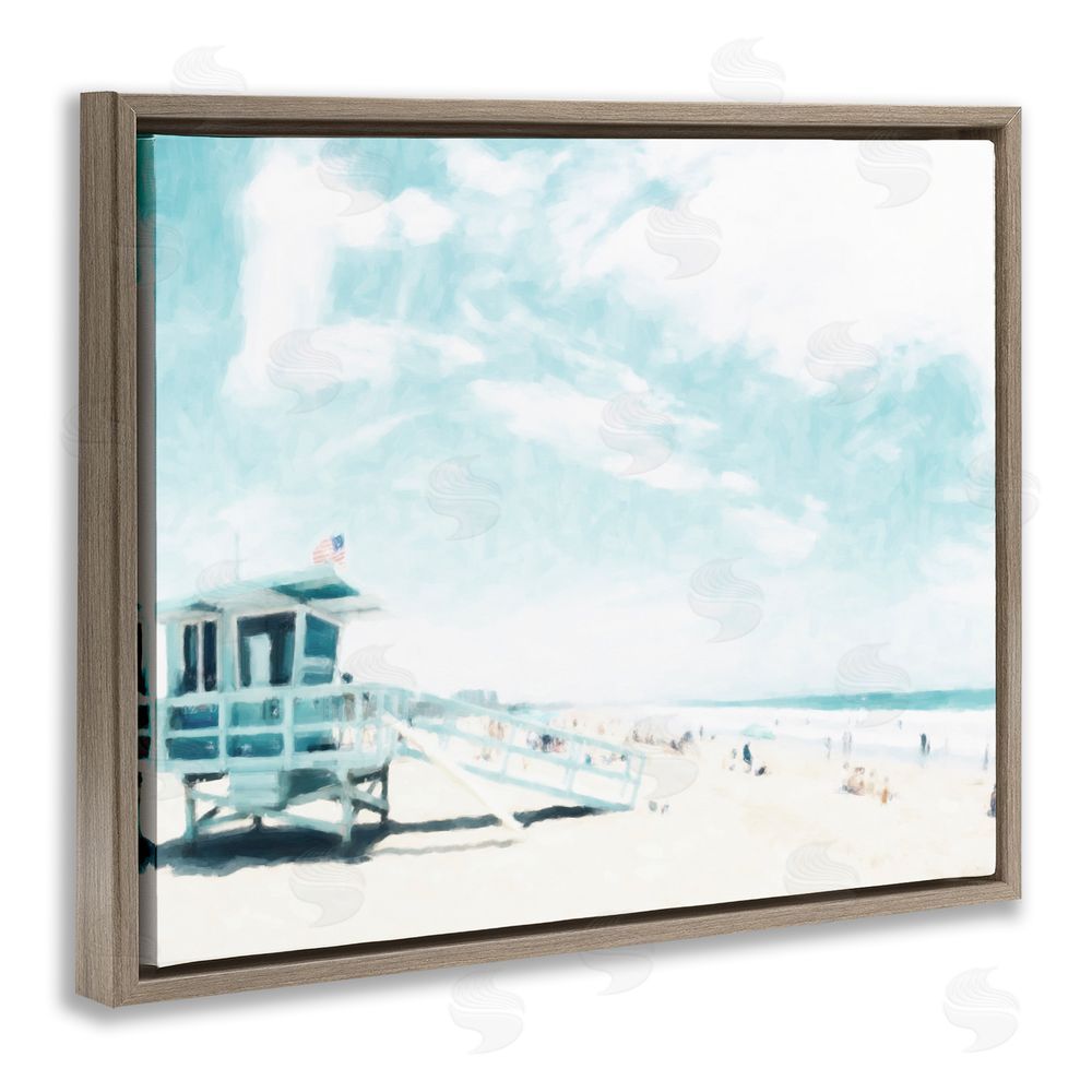 Kim Curinga Blue Beach Station Brown Floating Frame Canvas Wall Art Print