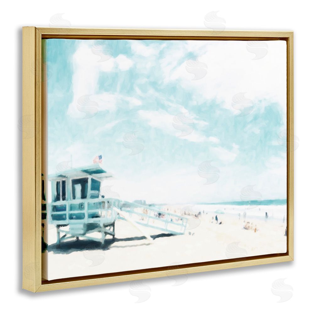 Kim Curinga Blue Beach Station Gold Floating Frame Canvas Wall Art Print