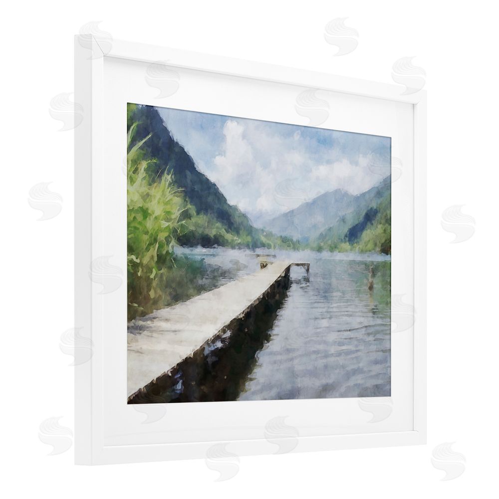 Kim Curinga Dappled Lake Dock White Framed Print Under Glass Wall Art