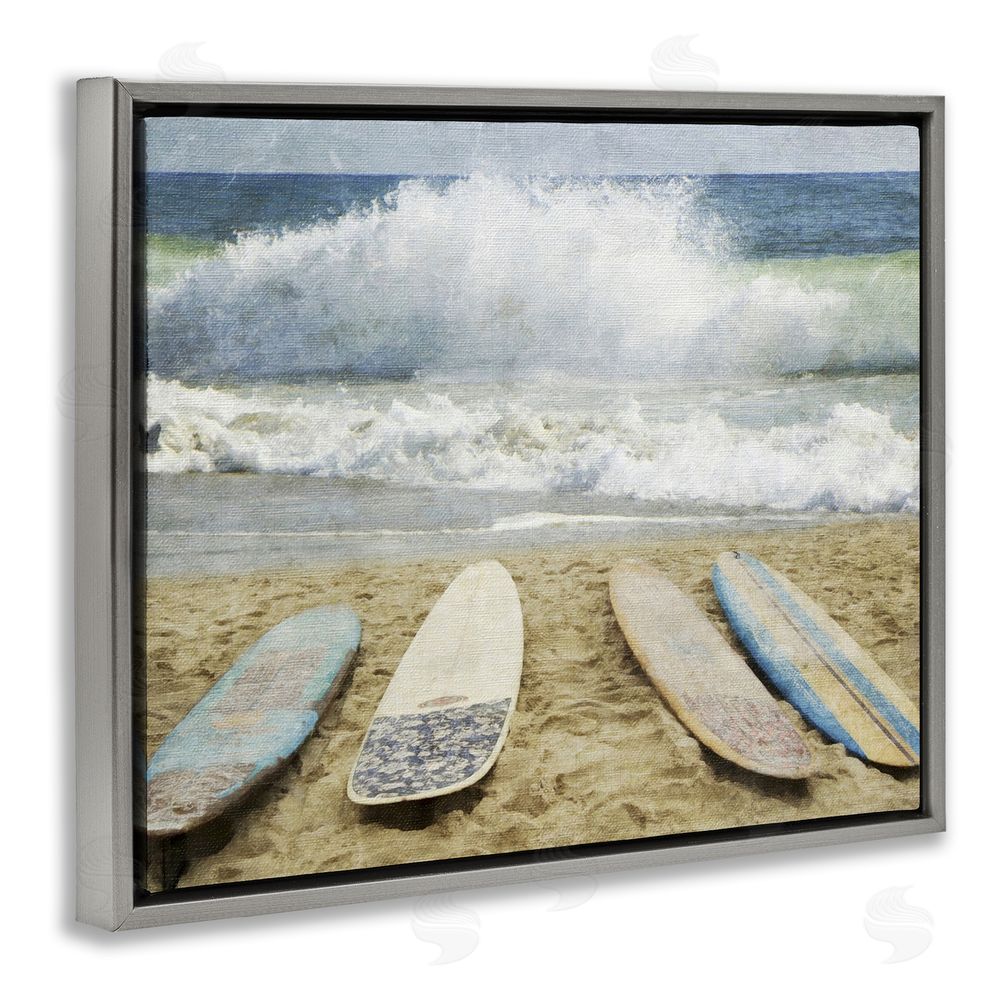 Grotto Studios Surfboards At The Ready Gray Floating Frame Canvas Wall Art Print