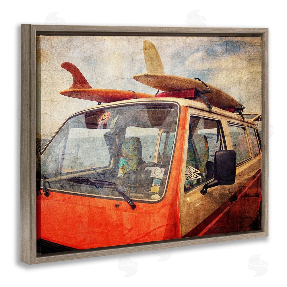Grotto Studios Surf Bus Vintage Distressed Brown Floating Frame Canvas Wall Art Print