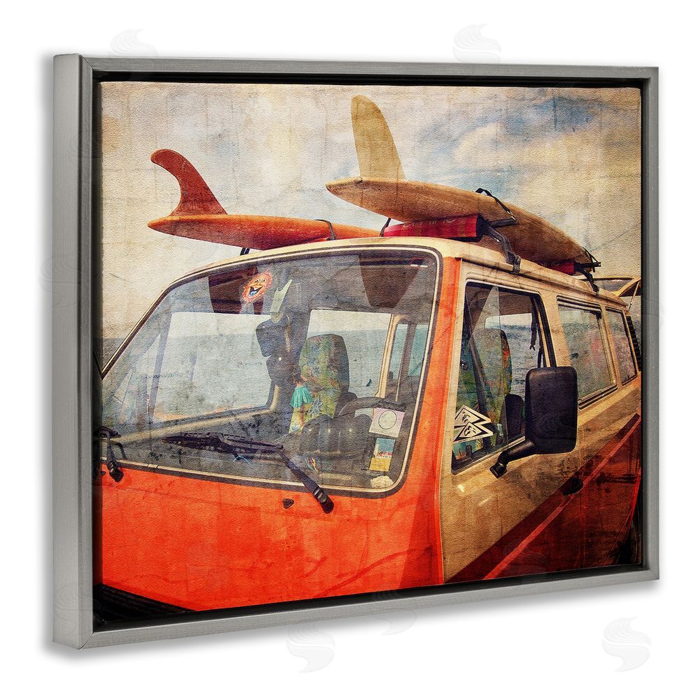Grotto Studios Surf Bus Vintage Distressed Gray Floating Frame Canvas Wall Art Print