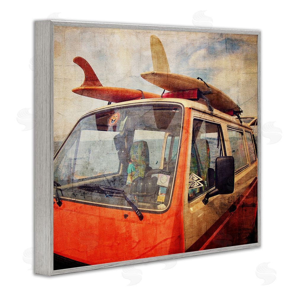 Grotto Studios Surf Bus Vintage Distressed Gray Framed Giclee Wall Art Print